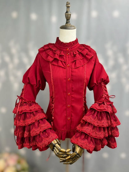 Red Ruffle Neckline Layered Bell Sleeves Kuro Gothic Lolita Shirt with Jabot Tie