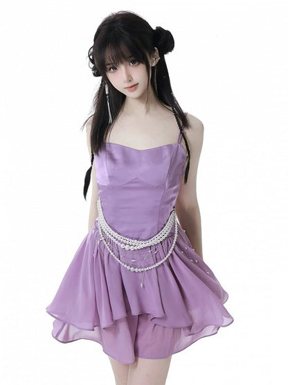 Purple Chiffon Spaghetti Strap Dress Long/Short Version