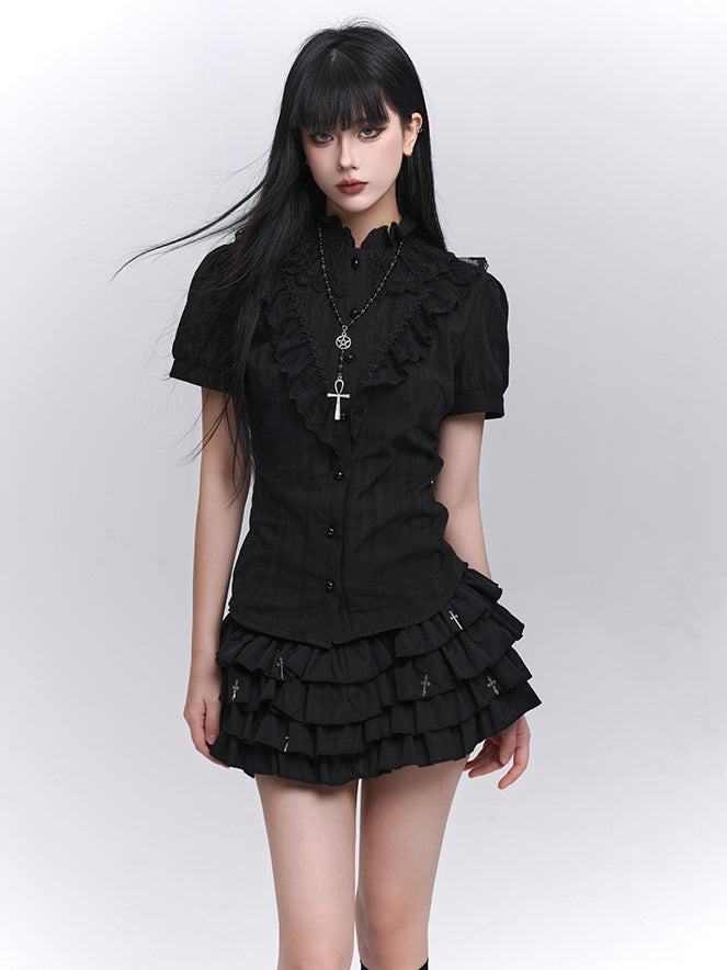 Black Lace Trim Short Sleeves Gothic Blouse