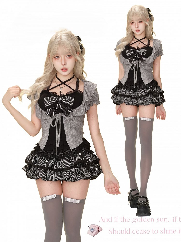 Gothic Black & Gray Striped Tiered Mini Skirt with Strap Accents