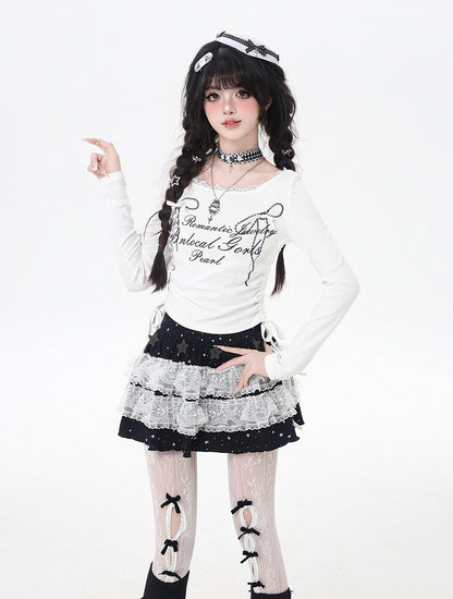 Sweet Bowknot Print Lace Trim Drawstring Waist White/Black Top