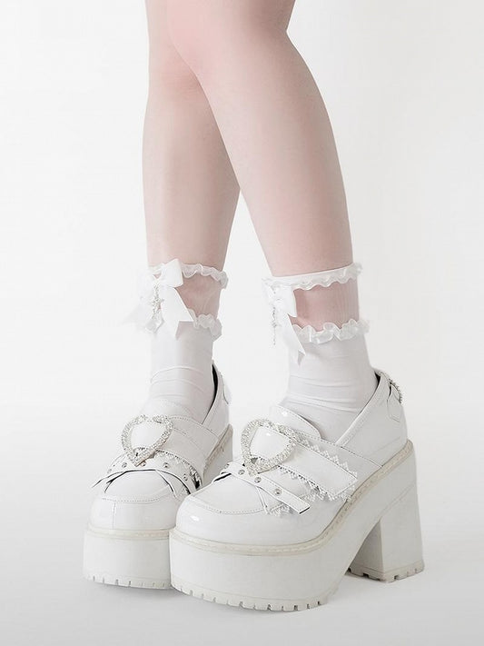 Cross and Rhinestoned Heart Buckles Polished White Jirai Kei Platform Loafers
