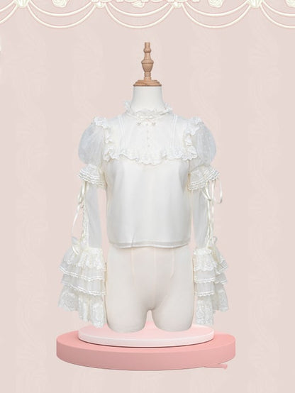 Creamy White Dotted Tulle Puff Sleeves Blouse with Detachable Sleeves