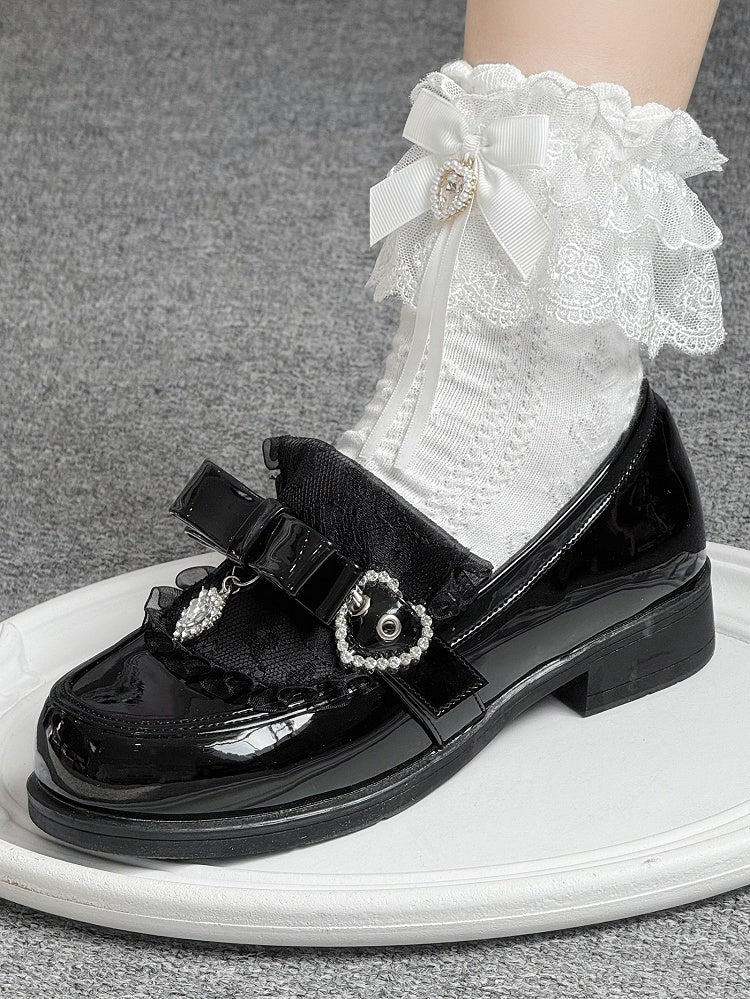 Polished Black Jirai Kei Slip-On Loafers - Low Heel with Rhinestone Decor Bow Accents