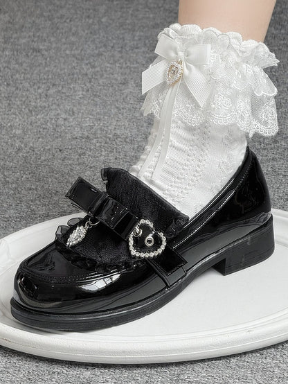 Polished Black Jirai Kei Slip-On Loafers - Low Heel with Rhinestone Decor Bow Accents