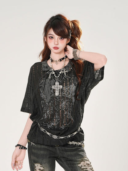 White/Black Lace-up Neckline Cross Applique Distressed Holes Graphic T-shirt