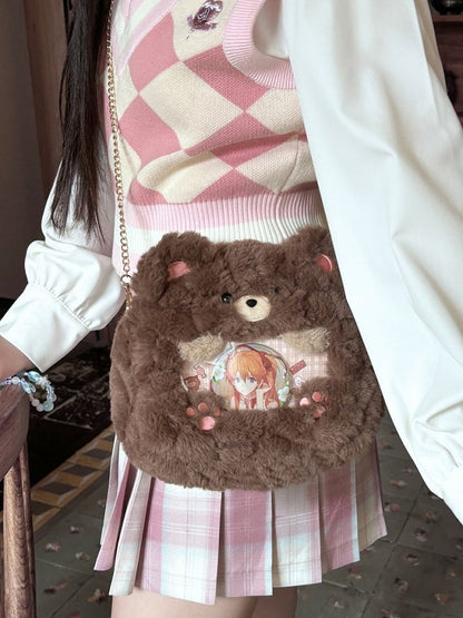 Brown Cute Plush Bear Crossbody Ita Bag