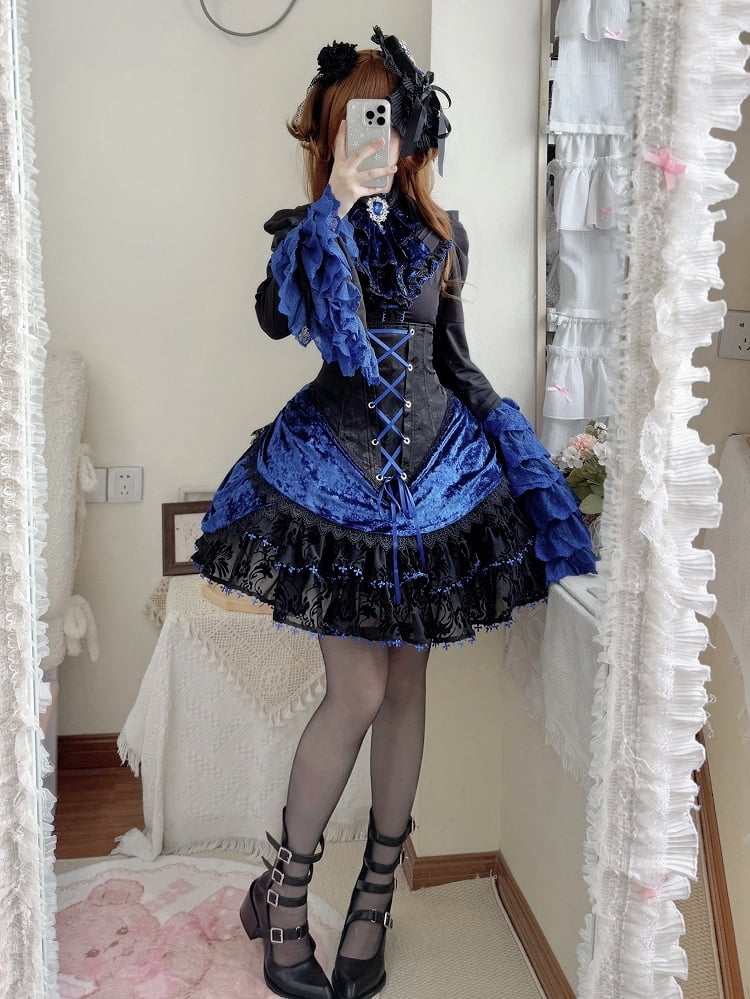 Black and Klein Blue Gothic Lolita Full Set - Long Bell Sleeves Shirt + Boned High Waist Skirt + Jabot Tie + Mini Hat
