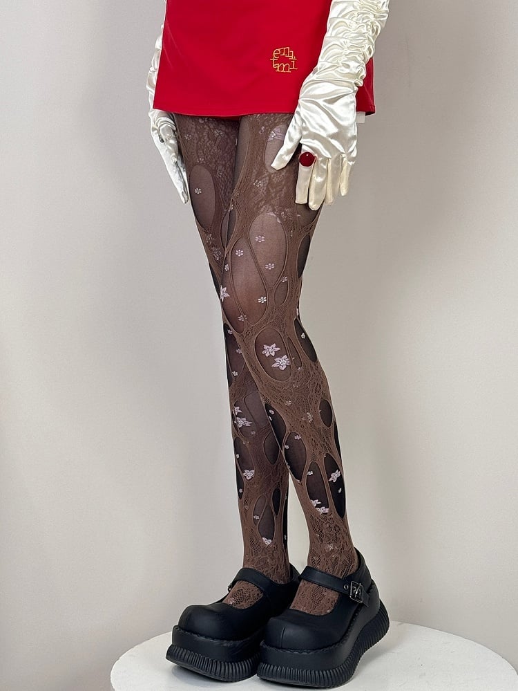 White/Beige/Black/Brown Y2K Asymmetrical Design Cut-out Details Tights