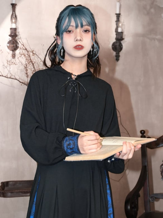 Black and Blue Hoodie with Lace-up Detail at Front