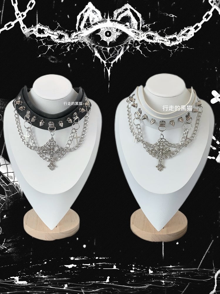 Black/White/Gray Studs Details Cross Charm Choker