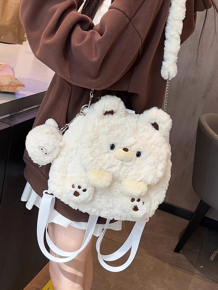 White Cute Bear Plush Flap Backpack Bag Middle/Large Size
