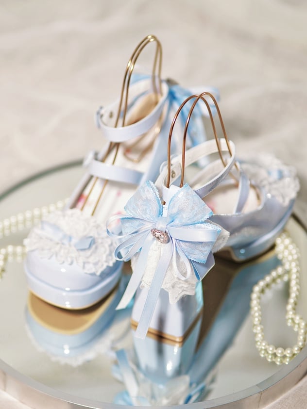 Blue Knotted Bow at Top Lace Trim Heart Buckles High Block Heels