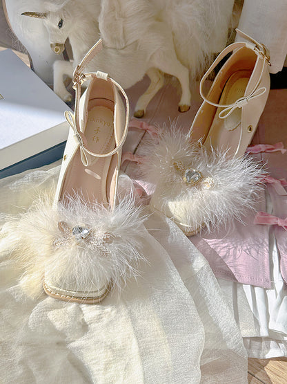 Heart-shaped Rhinestone Apricot High Block Heel Mary Janes