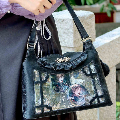 Black Bow Accents Cheongsam Style Ita Shoulder Bag with Free Charm