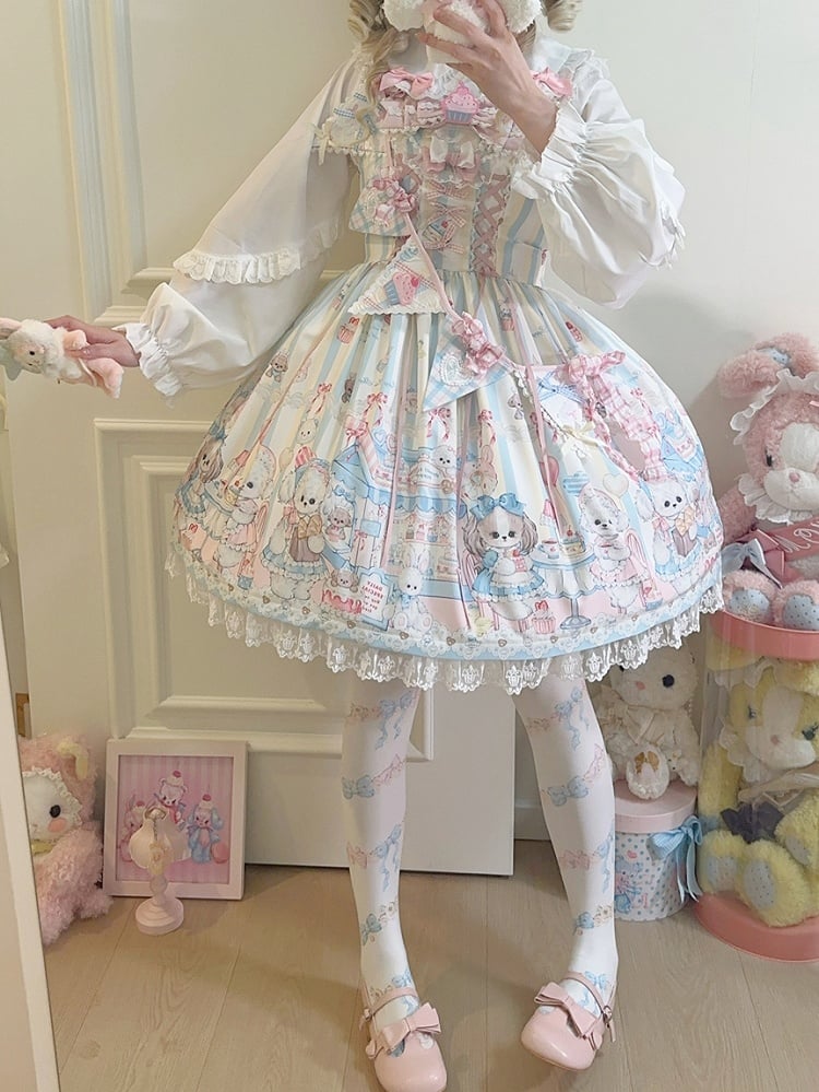 Puppy's Afternoon Tea Print Light Yellow Sweet Lolita Dress with Flags Ribbon