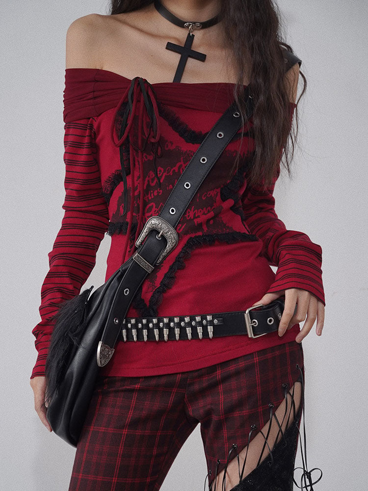 Star Design Letters Print Wine Red Off-the-shoulder Neckline Top