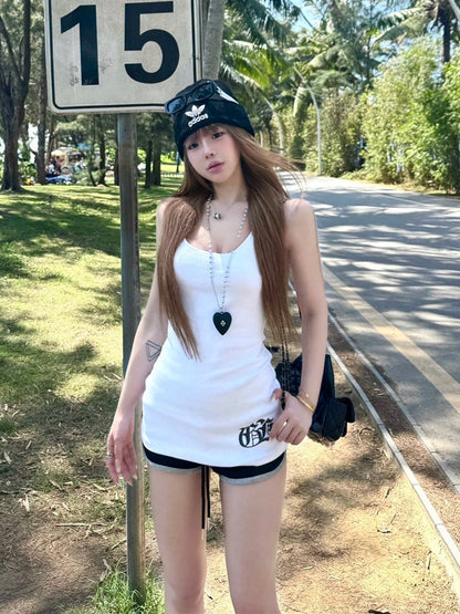 Midi Length White Racerback Tank Top with Gothic Script Print