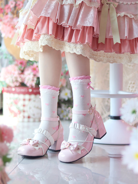 Bow Accents Pink Block Heel Mary Janes