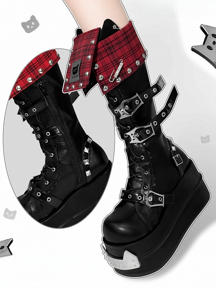 Red Plaid Fold-over Trim Kitty Buckle Straps Harajuku Punk Platform Boots
