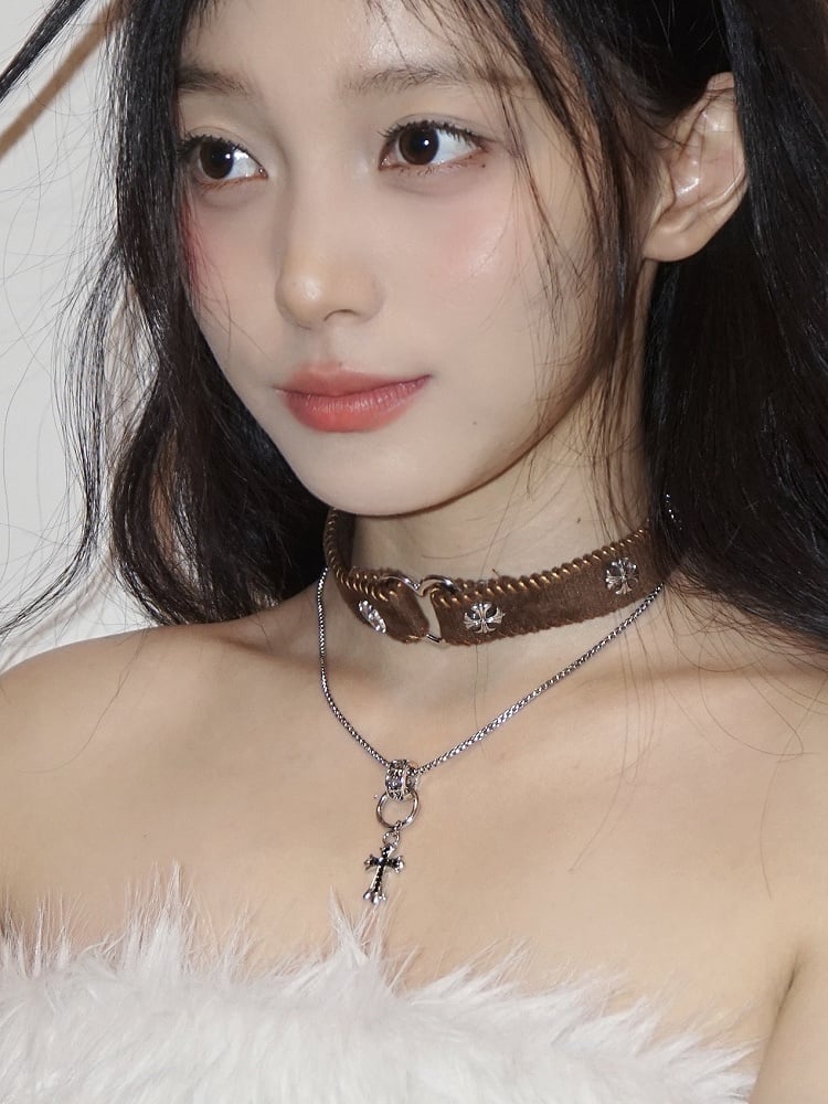 Punk Cross Pendant Double-Layered Brown Choker