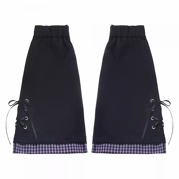 Purple Plaid Hem Black Lace-up Details Leg Warmers