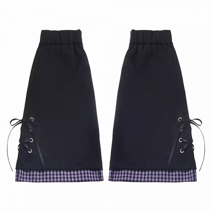 Purple Plaid Hem Black Lace-up Details Leg Warmers