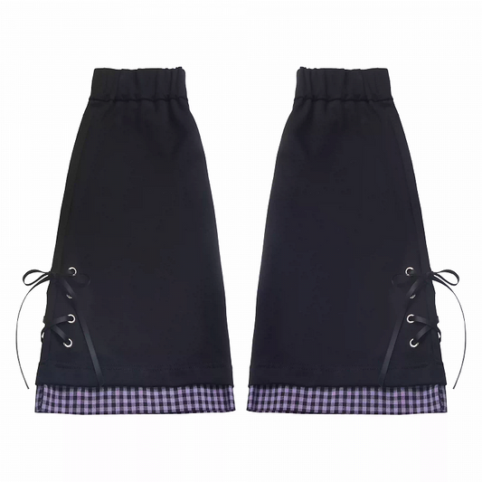 Purple Plaid Hem Black Lace-up Details Leg Warmers