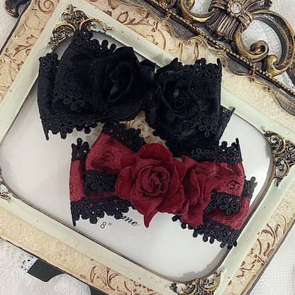 Black/Wine Red Floral Design Gothic Elegant Bowknot Hairclip/Tie