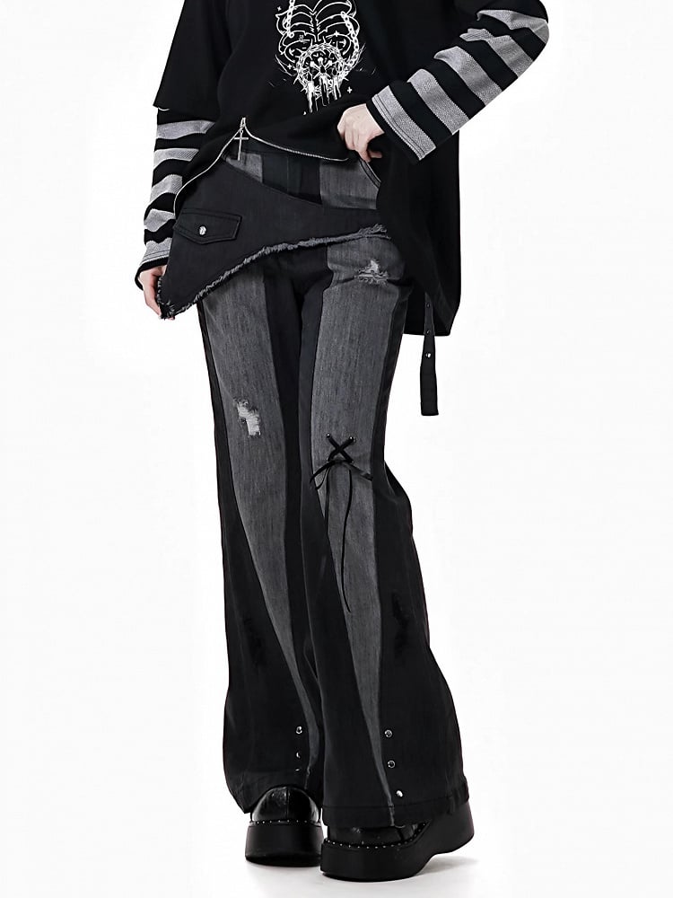 Black Distressed Holes Asymmetrical Waistline Flared Jeans