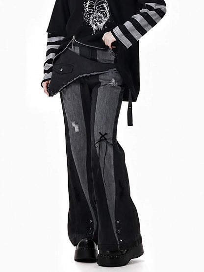 Black Distressed Holes Asymmetrical Waistline Flared Jeans