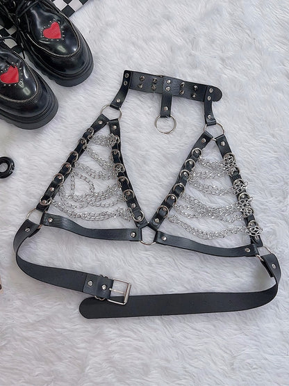 Black Punk Studs Details PU Chest Chain