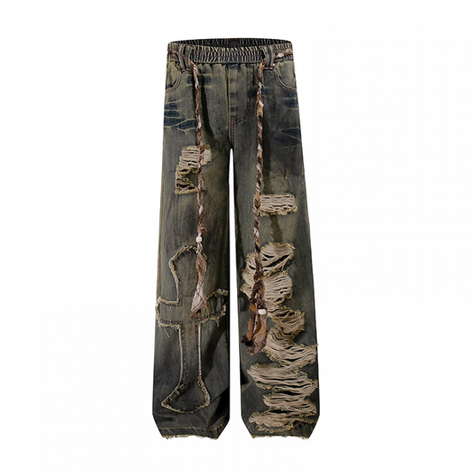 Blue Low Rise Wasteland Punk Cross Applique Distressed Holes Vintage Wide-leg Jeans