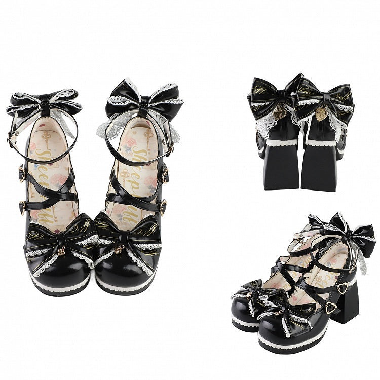 Black Crisscross Design Heart Buckles Detachable Bow at Top High Block Heels