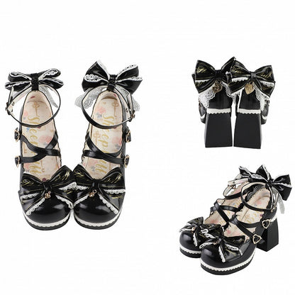 Black Crisscross Design Heart Buckles Detachable Bow at Top High Block Heels