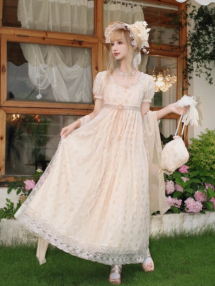 Allover Beaded Leaves Design Beige Empire Waist Elegant Lolita One Piece Long/Short Version