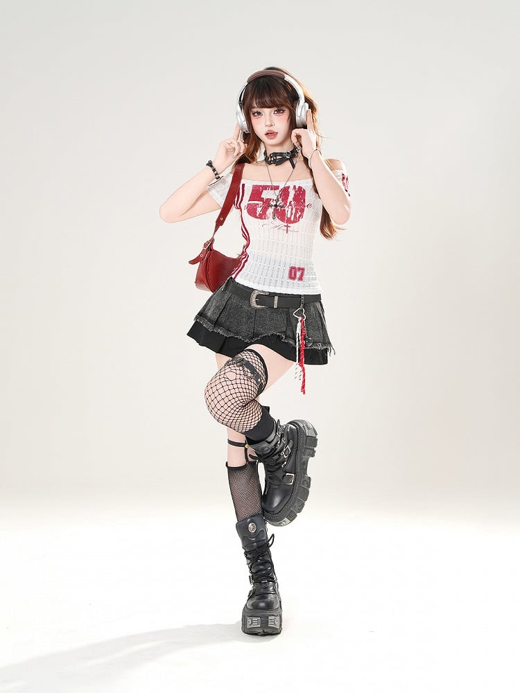 Red/Black Number Print Off-the-shoulder Neckline Slim-fitting T-shirt