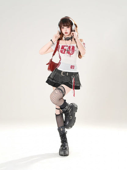 Red/Black Number Print Off-the-shoulder Neckline Slim-fitting T-shirt