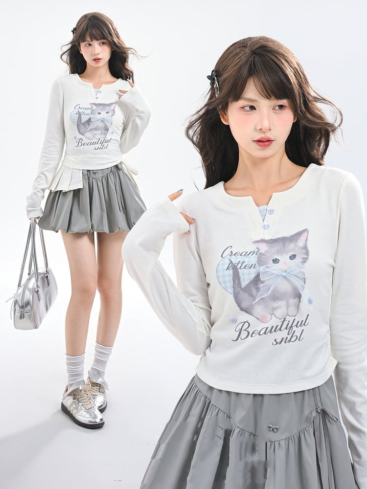 Adorable Cartoon Kitty Print Sweetheart Button Details White Faux Two-pieces Top