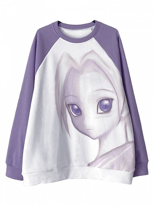 Cartoon Girl Print Purple and White Sweatshirt