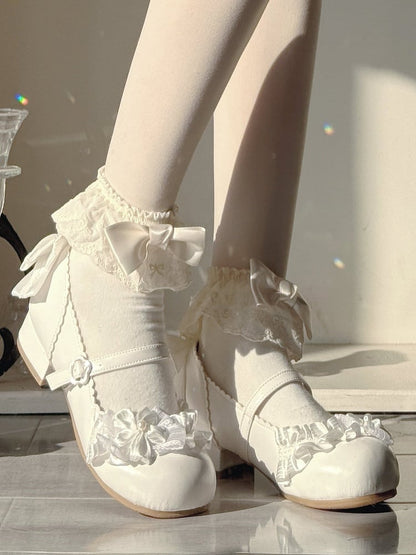 Flower-Shaped Buckle & Bow Accents PU Creamy White Cherry Blossom Themed Low-heel Mary Janes in Sweet Lolita