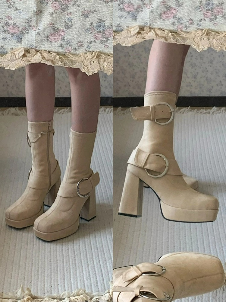 Khaki Lolita Platform Mid-calf Boots - Square Toe High Block Heel with Buckle Accents & Inner Zip