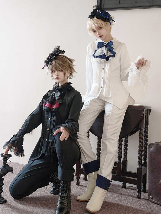 White Ouji Lolita Ruffle Neckline Prince Style Long Sleeves Shirt