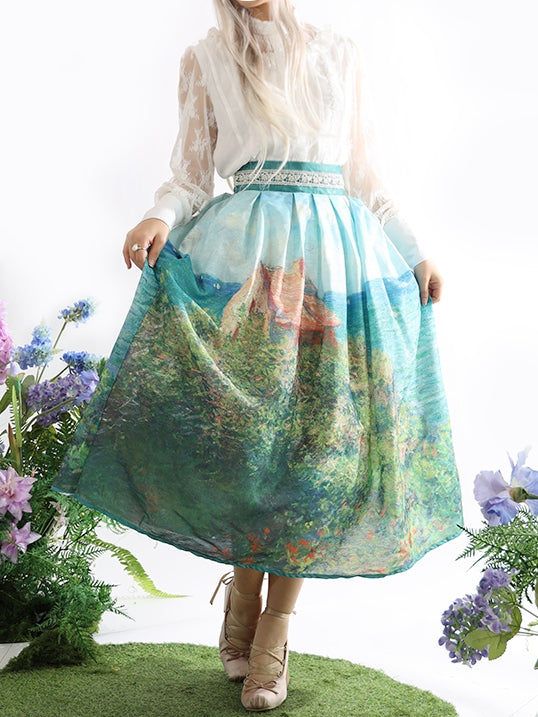 Fisherman's Cottage Oil Painting Print Geen High Waist Skirt Long/Short Version