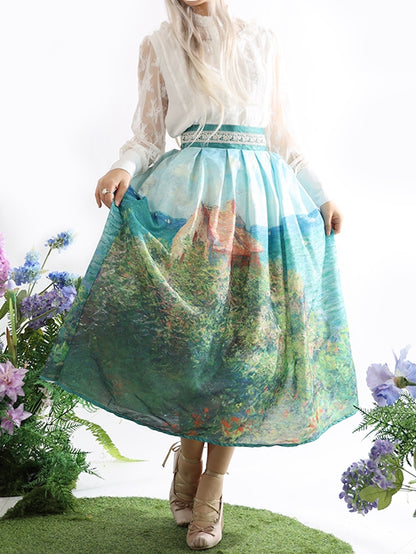 Fisherman's Cottage Oil Painting Print Geen High Waist Skirt Long/Short Version