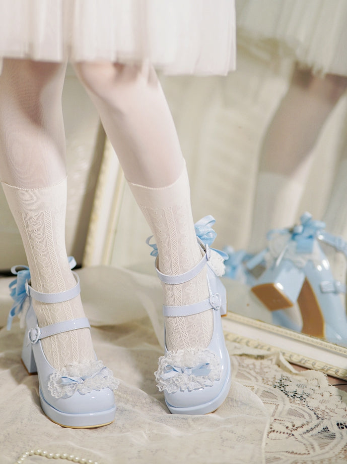 Blue Knotted Bow at Top Lace Trim Heart Buckles High Block Heels