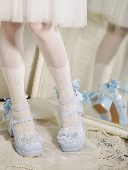 Blue Knotted Bow at Top Lace Trim Heart Buckles High Block Heels