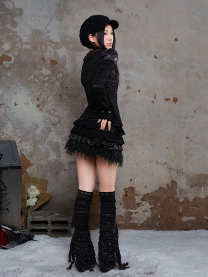 Black Punk Tiered Elastic Waist Skirt with Glossy Fabric & Faux Fur Trim