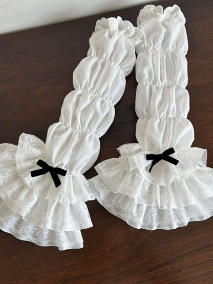 White Lolita Hollow-out Lace Tiered Cuffs Sleeves With Gray/Pink/Black Bowknot Details