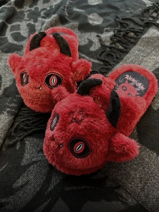 Red Devil Gothic Winter Plush Slippers
